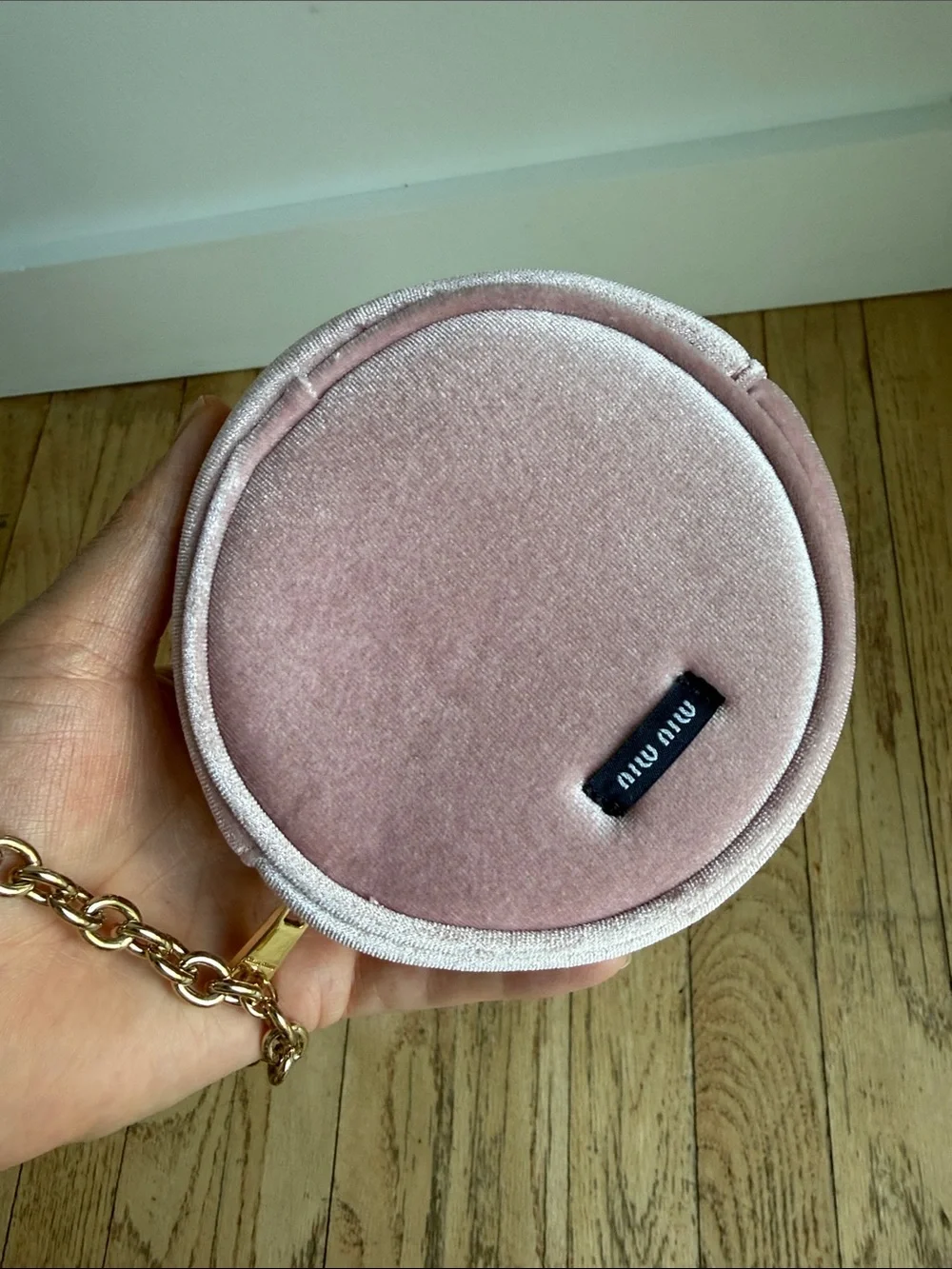 Miu Miu Blush Pink Velvet Round Pouch with Gold Chain